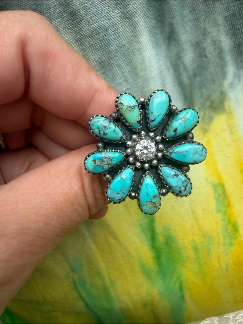 925 Sterling Silver Turquoise Teardrop Flower Statement Ring - southwestern boho